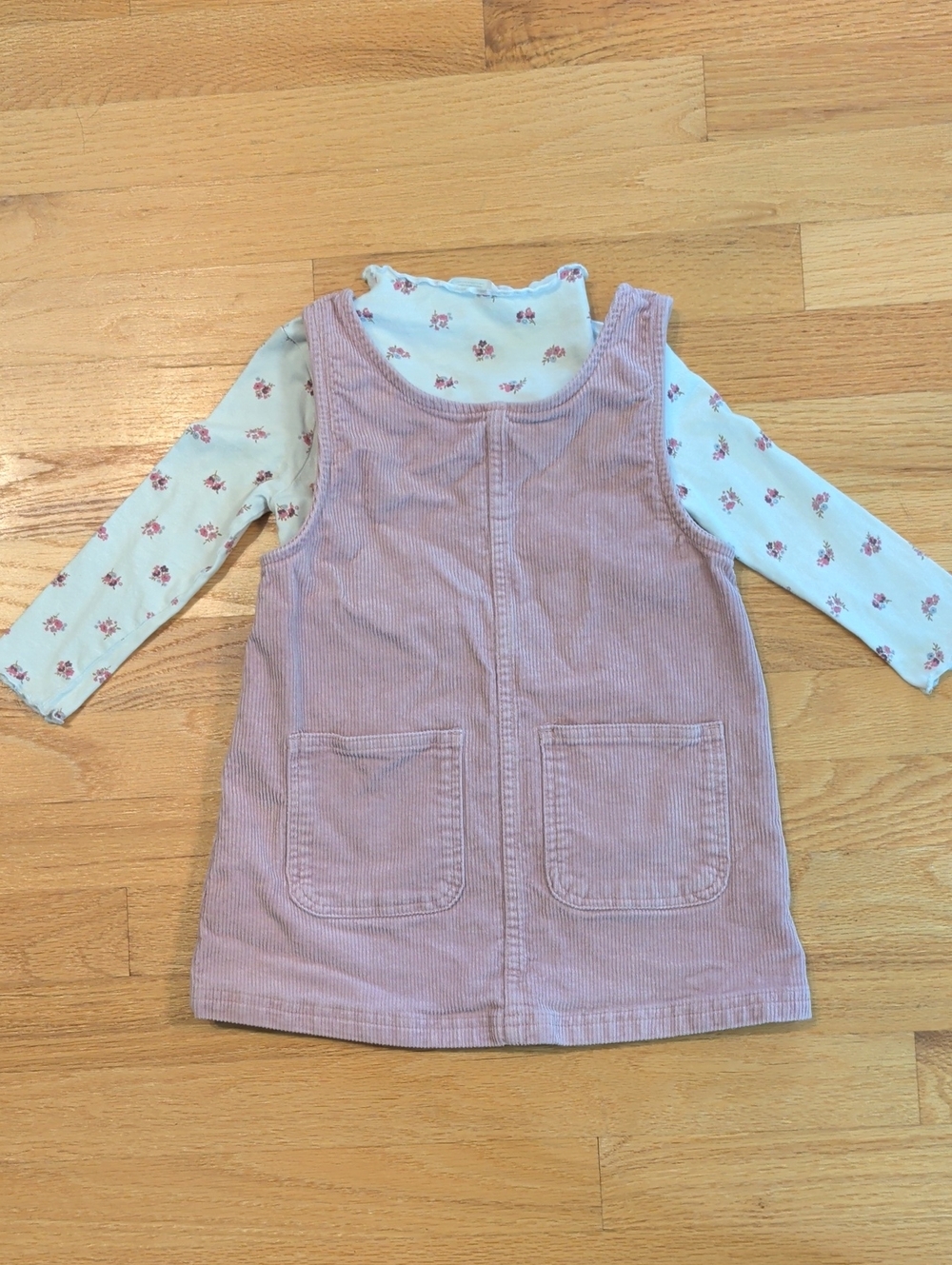 Pink Corduroy Pinafore Dress with Floral Long Sleeve Top